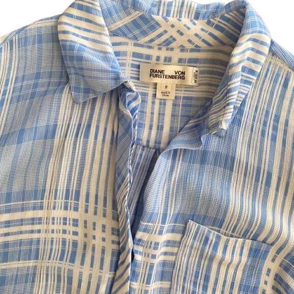Diane Von Furstenberg DVF Blue and White Carter Plaid Button Down Shirt 8 - Picture 5 of 7